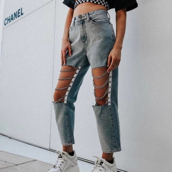 Carmar Galexia Hermia Straight Leg Jeans Cut Out Chain Knee Light Wash Size 27 - Picture 14 of 14